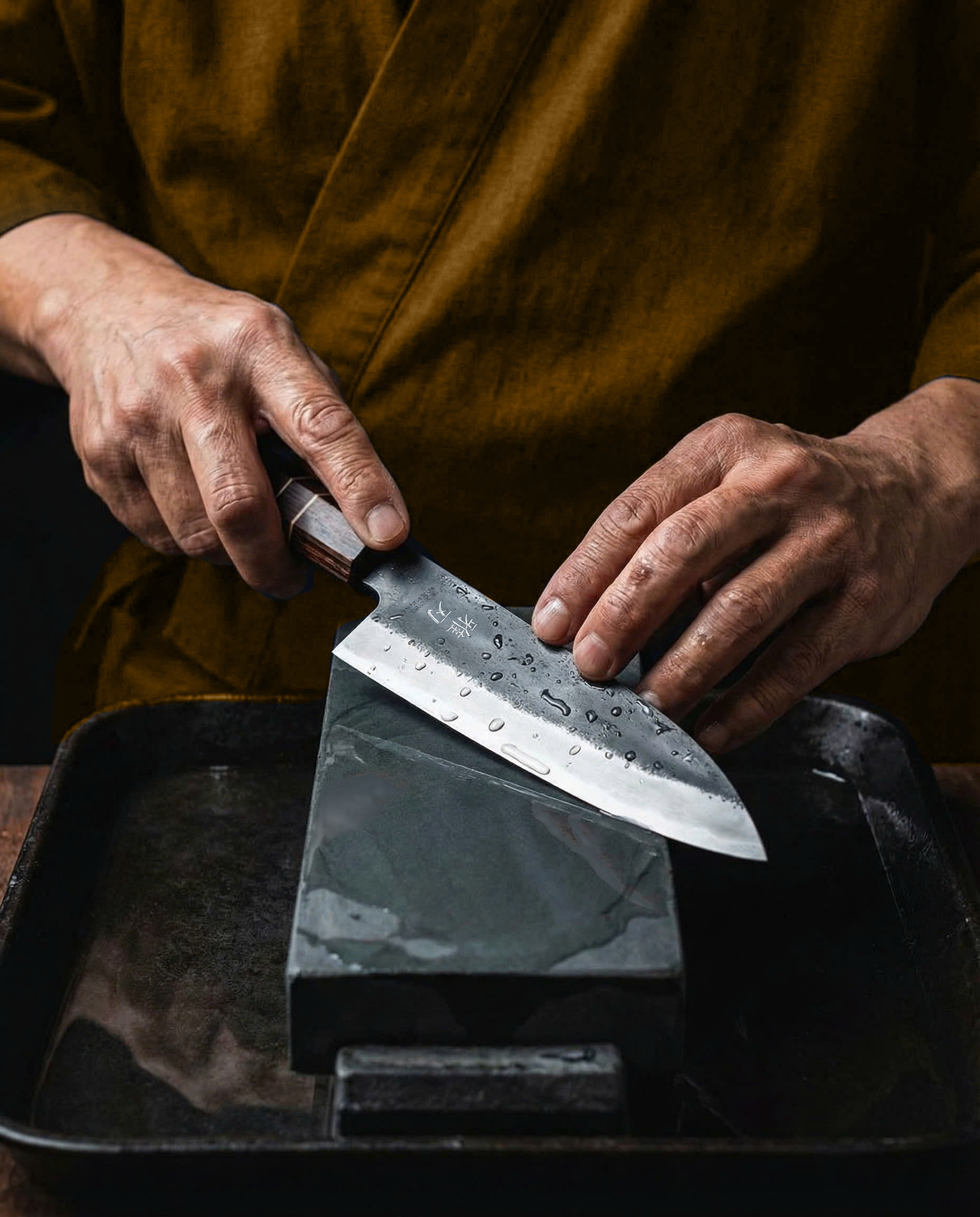 A person sharpening a Japanese kitchen knife on a wet whetstone.