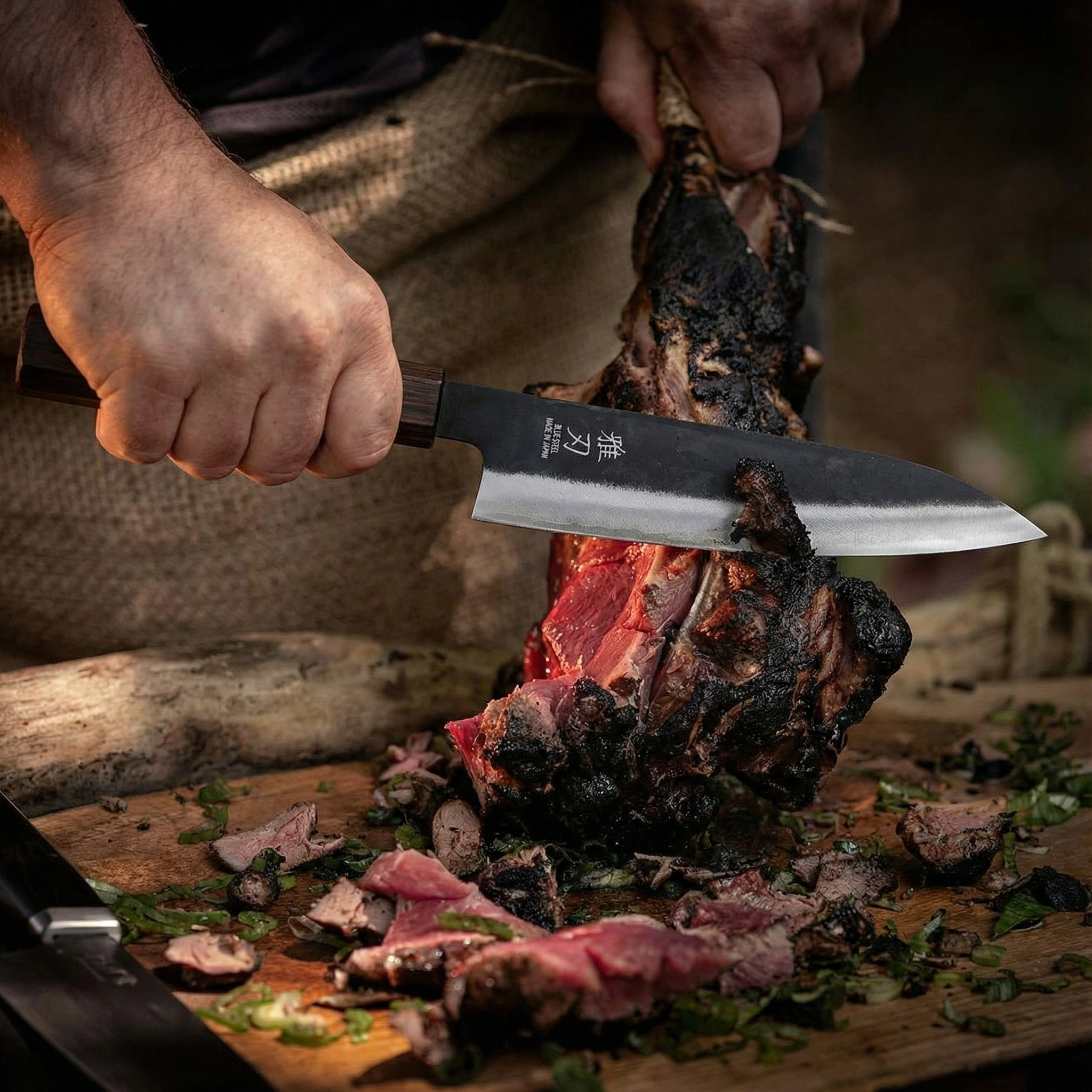 A person using a Japanese 'Blue Steel' Santoku knife to slice through a large piece of charred, roasted meat on a rustic wooden cutting board with fresh herbs.